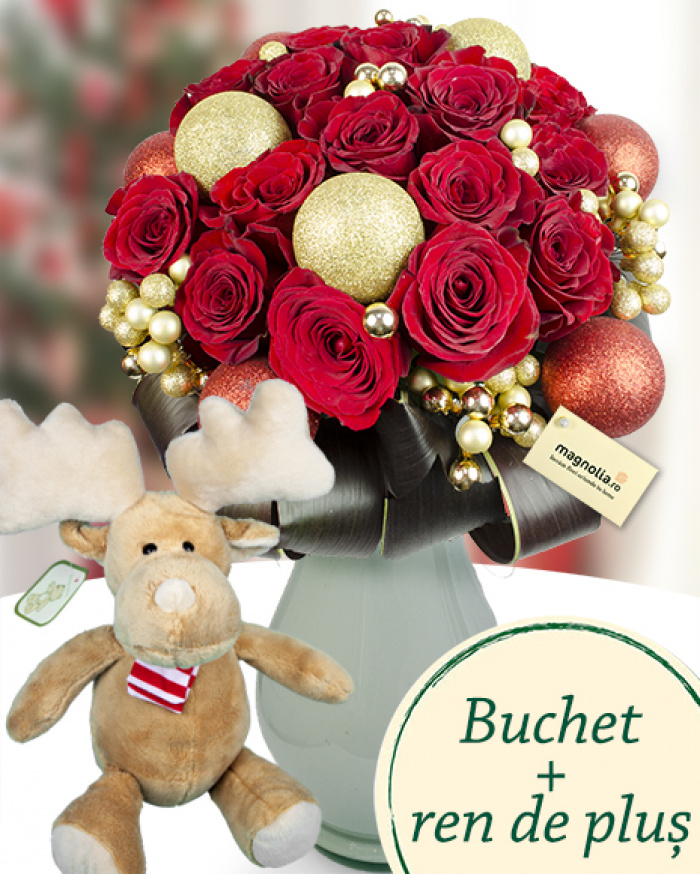 Bouquet with 17 red roses and accesories – imaginea 1