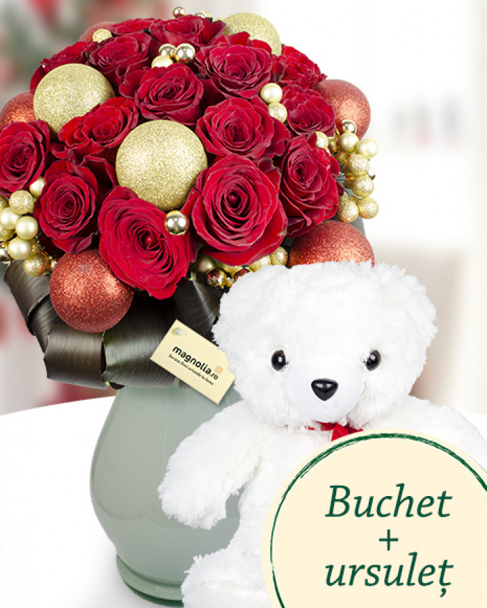 Bouquet with 17 red roses and accesories – imaginea 1