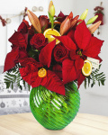 Buchet cu flori rosii si euphorbia