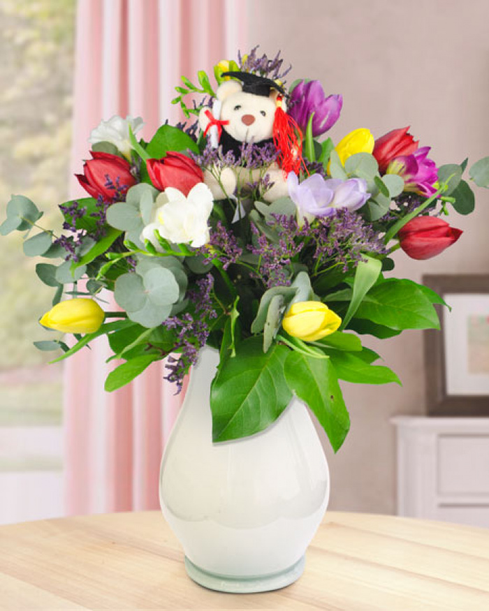 Graduation bouquet of tulips and freesias – the image 1