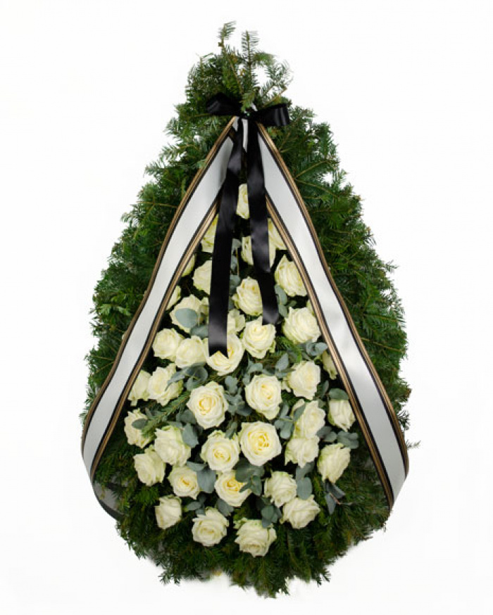 Coroana funerara cu trandafiri albi