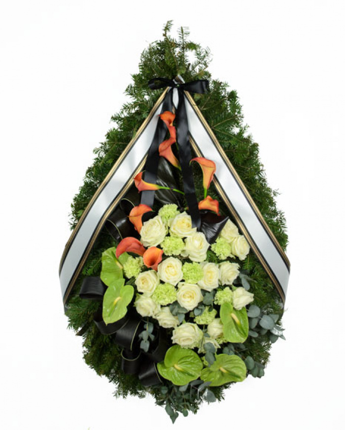 Funeral wreath with callas and roses – imaginea 1