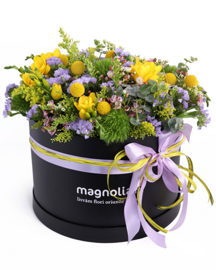 Box with purple and yellow flowers – imaginea 1