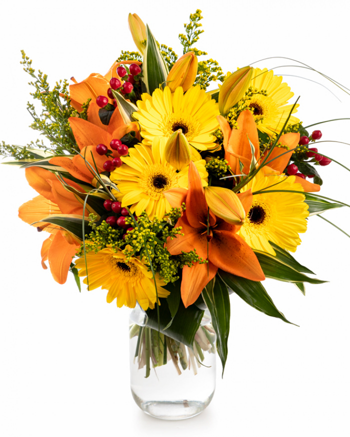 Yellow gerbera and orange lilies bouquet – imaginea 1