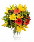 Bouquet with orange gerbera and yellow lilies – the image 1