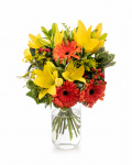 Bouquet with orange gerbera and yellow lilies – the image 1