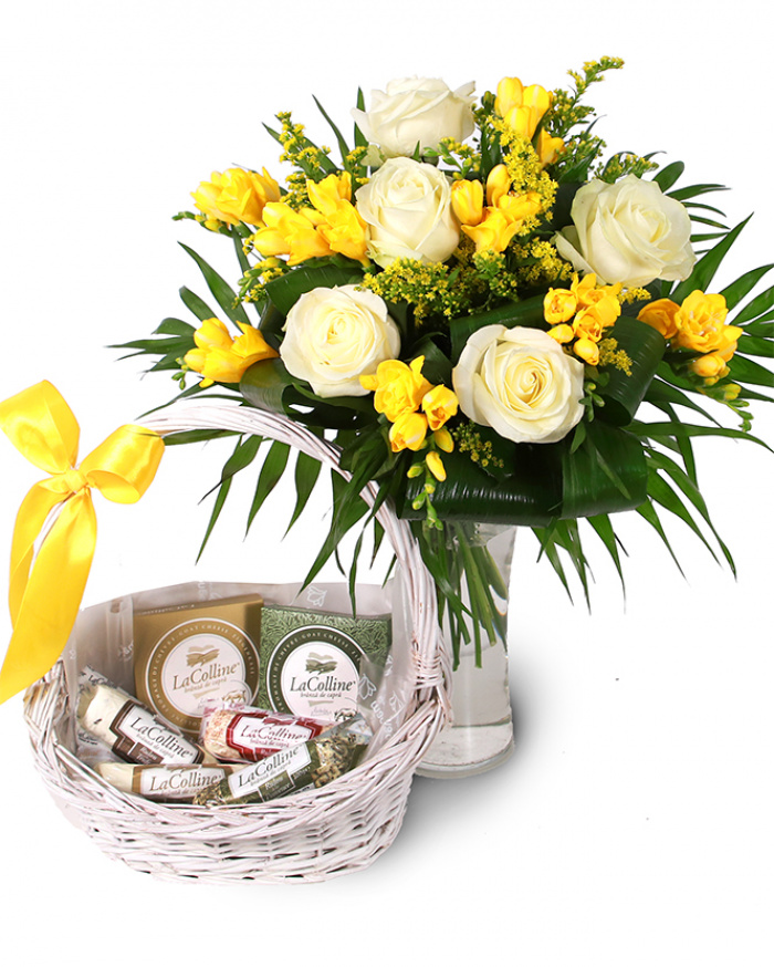 Gift basket and flower bouquet – imaginea 1