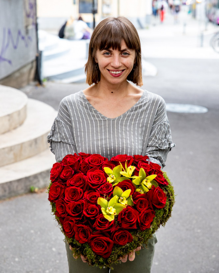 Rose and Cymbidium heart arrangement