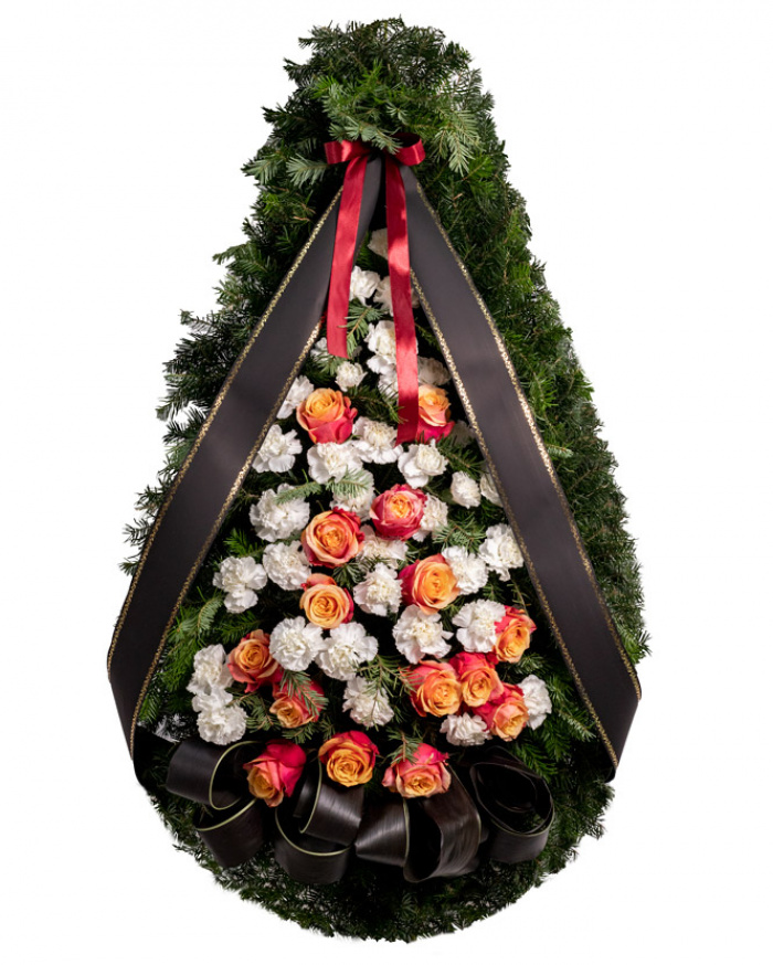 Funeral spray with carnations and orange roses – imaginea 1