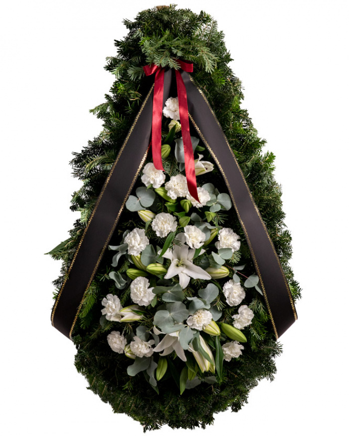 Coroană funerară cu garoafe albe și crini – imaginea 1