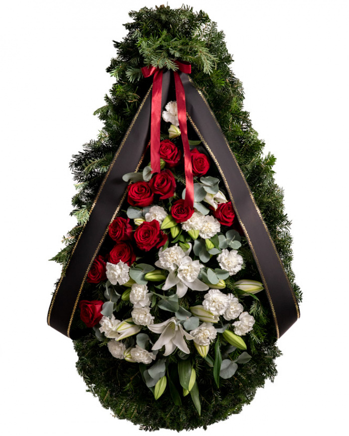 Coroană funerară cu crini si trandafiri roșii – imaginea 1