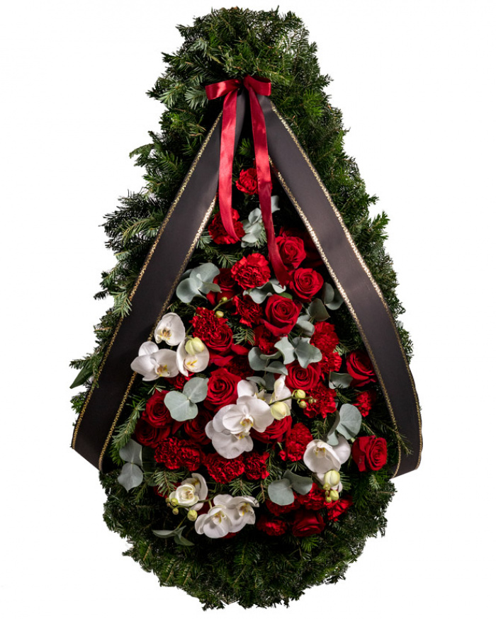 Coroană funerară cu trandafiri, orhidee și garoafe – imaginea 1