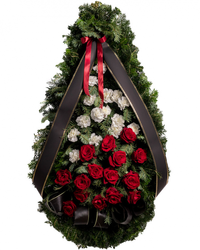 Coroană funerară cu garoafe albe și trandafiri roșii – imaginea 1