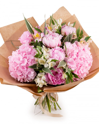 Buchet cu bujori și hortensii „Pink Fantasy”