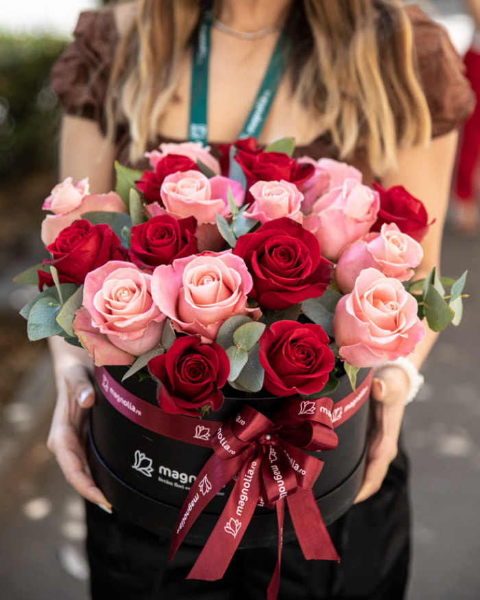"Sweet Love" arrangement with pink and red roses