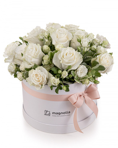 "Pure Love" arrangement with white roses