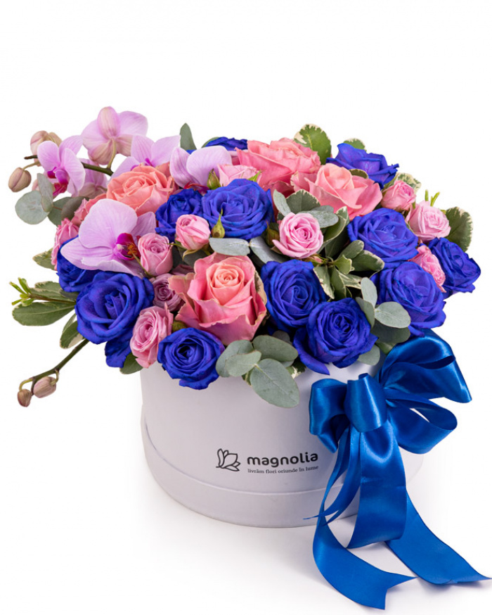 Arrangement with blue roses and orchids – imaginea 1