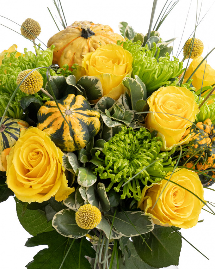 Yellow roses and ornamental pumpkins bouquet – the image 2