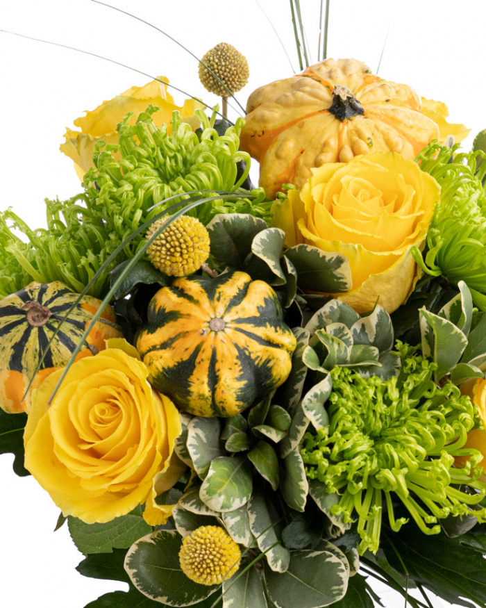 Yellow roses and ornamental pumpkins bouquet – the image 2