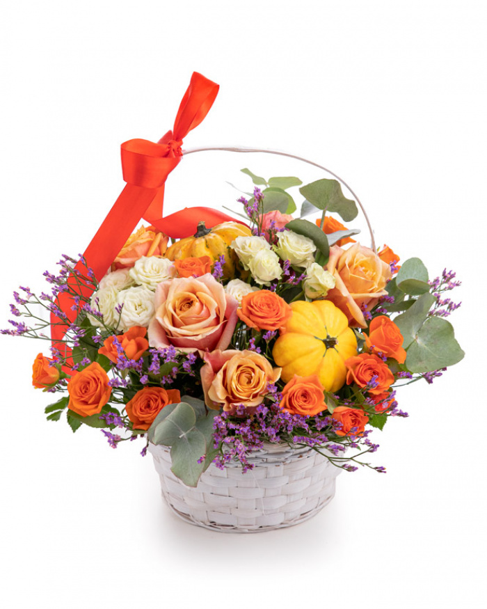 Roses and ornamental pumpkins autumn basket – the image 1