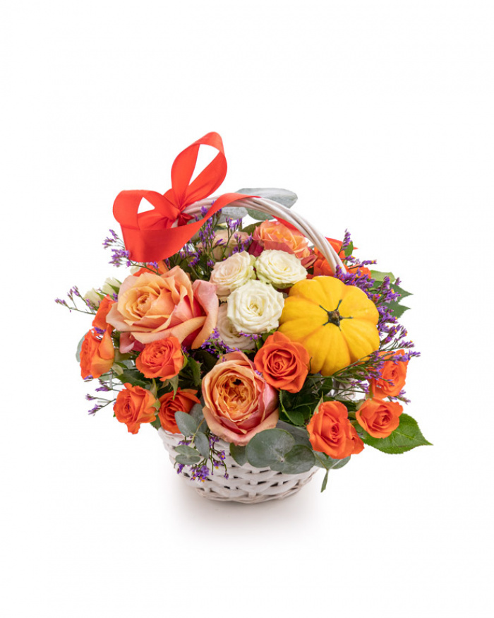 Roses and ornamental pumpkins autumn basket – the image 1