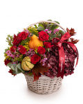 Roses, solidago and ornamental pumpkins autumn basket – the image 1