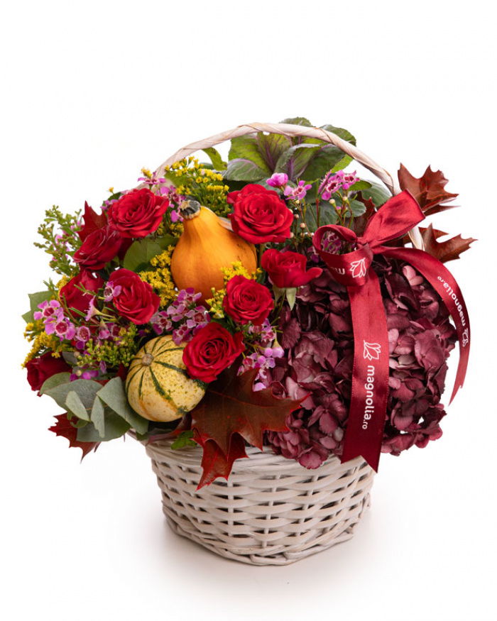Roses, solidago and ornamental pumpkins autumn basket – the image 1
