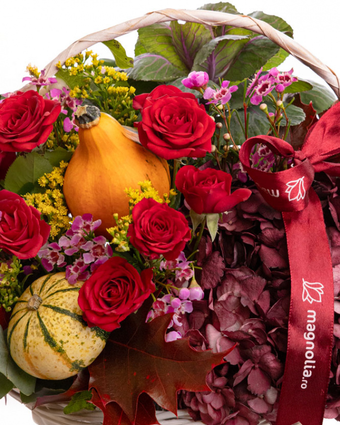 Roses, solidago and ornamental pumpkins autumn basket – the image 2