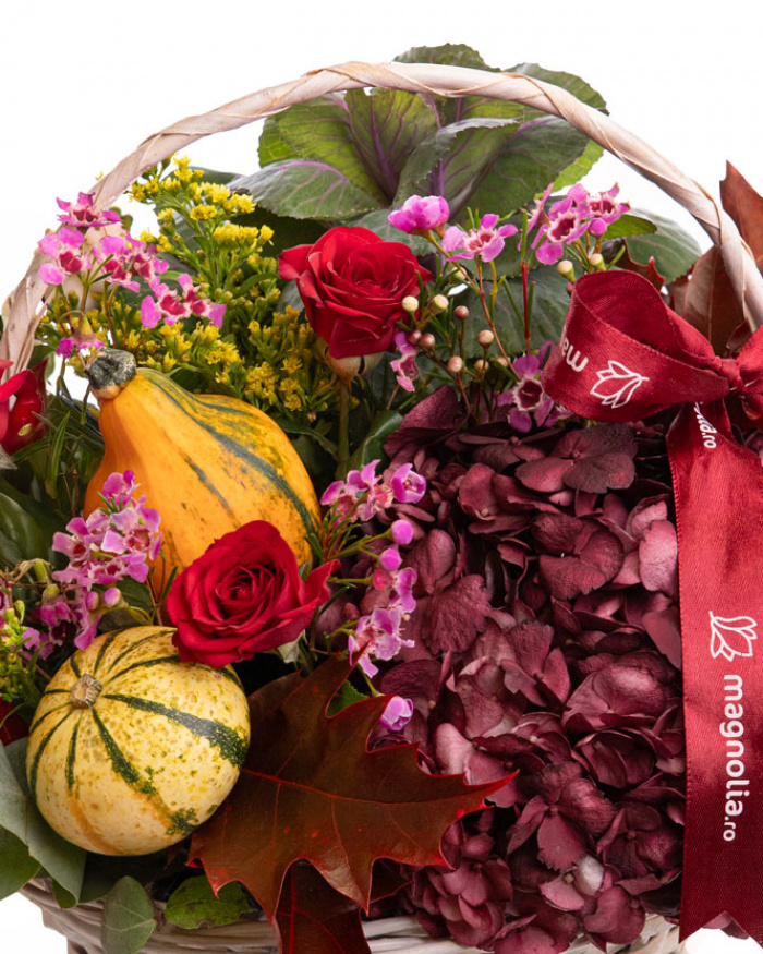 Roses, solidago and ornamental pumpkins autumn basket – the image 2