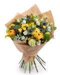 Roses, eustoma and ornamental pumpkins bouquet