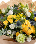 Roses, eustoma and ornamental pumpkins bouquet