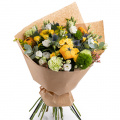 Buchet de trandafiri, eustoma și dovlecei ornamentali