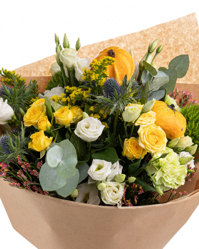 Roses, eustoma and ornamental pumpkins bouquet – the image 2