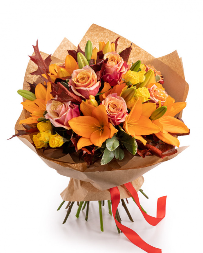 Orange roses and lilies bouquet – imaginea 1