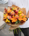 Orange roses and lilies bouquet – imaginea 3
