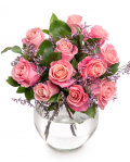 Pink roses bouquet decorated with greenery