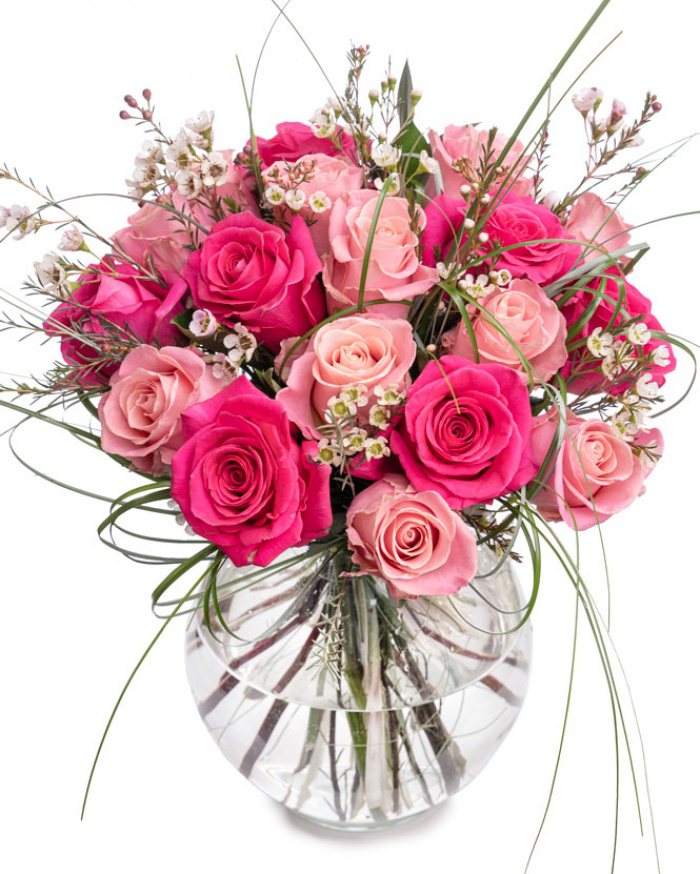 Buchet trandafiri roz si chamelaucium – imaginea 1