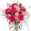Buchet trandafiri roz si chamelaucium