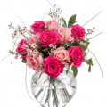Buchet trandafiri roz si chamelaucium