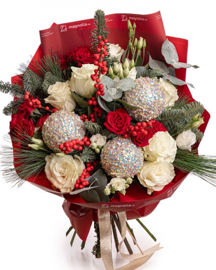 White roses bouquet with Christmas ornaments – imaginea 1