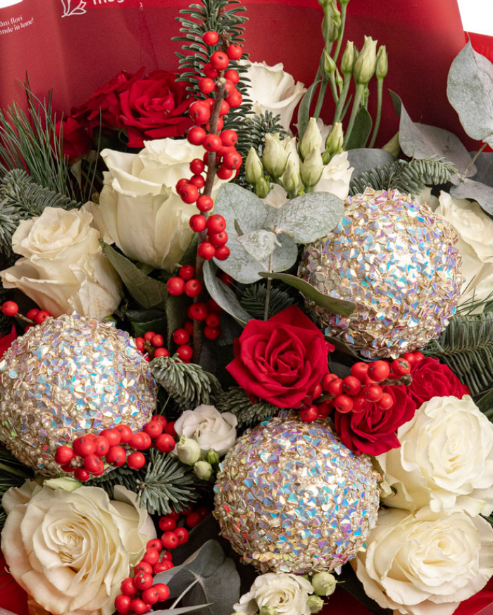 White roses bouquet with Christmas ornaments – imaginea 2
