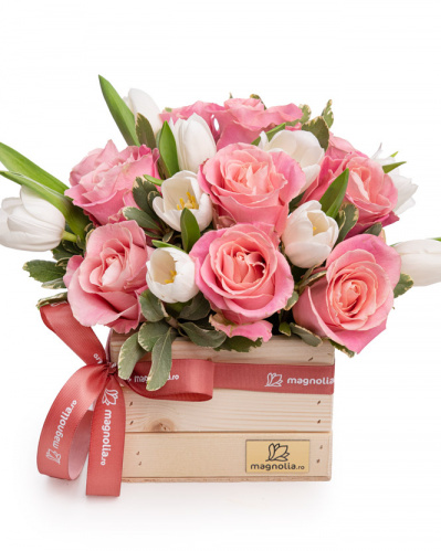 "Sweet Romance" roses and tulips arrangement