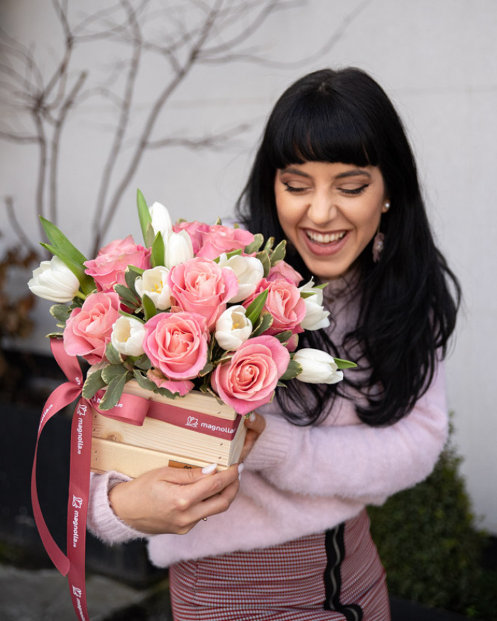 "Sweet Romance" roses and tulips arrangement
