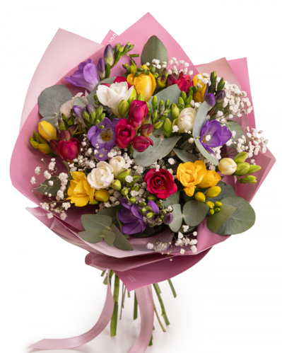 "Spring Elixir" colorful freesias bouquet
