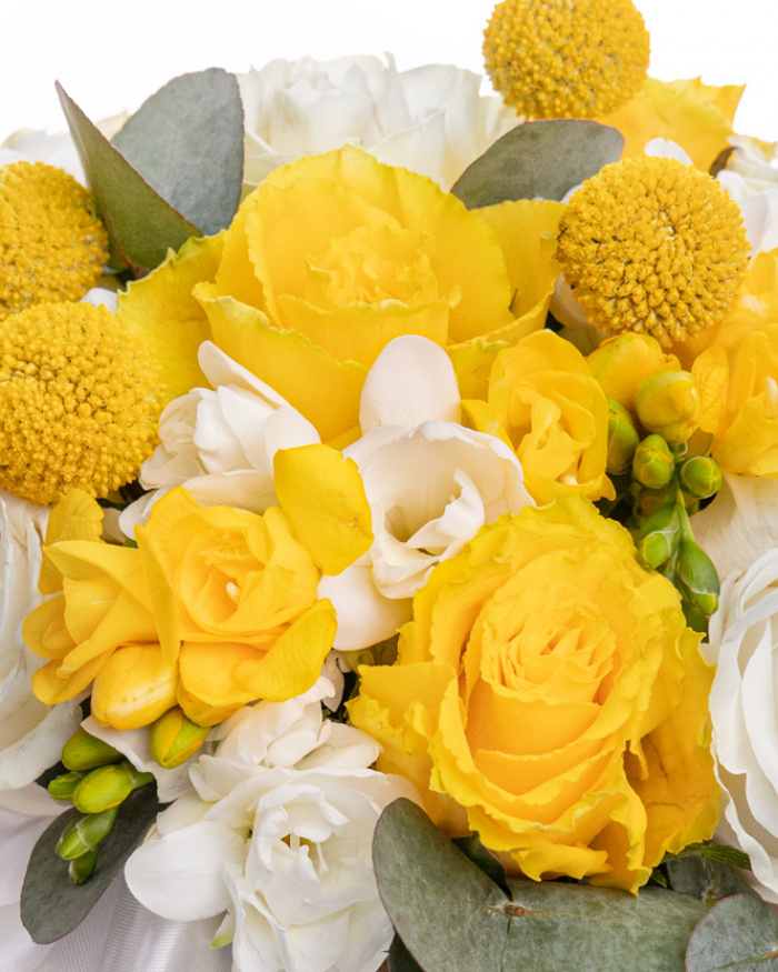 "Glowing Love" floral arrangement with roses and freesias