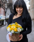 "Glowing Love" floral arrangement with roses and freesias