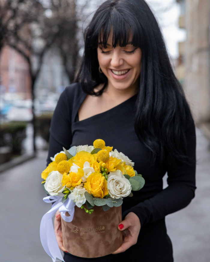 "Glowing Love" floral arrangement with roses and freesias