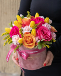 "Mariposa" floral arrangement with roses and tulips