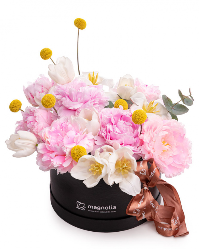 Aranjament floral cu bujori și lalele „Esența Fericirii" – imaginea 1