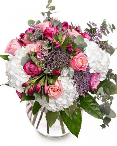 Buchet trandafiri roz și hortensii "Signorina"